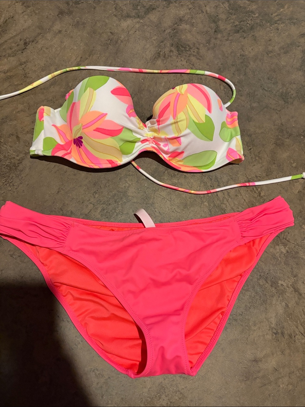 Victoria's Secret Floral Bandeau Bikini Top with Neon Pink Bottoms